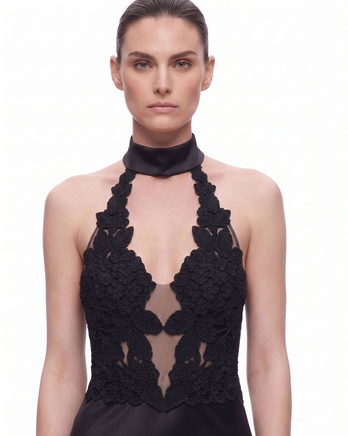 Floral Lace Halter Plunge-Neck Satin Maxi Dress - Black