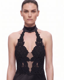 Floral Lace Halter Plunge-Neck Satin Maxi Dress - Black