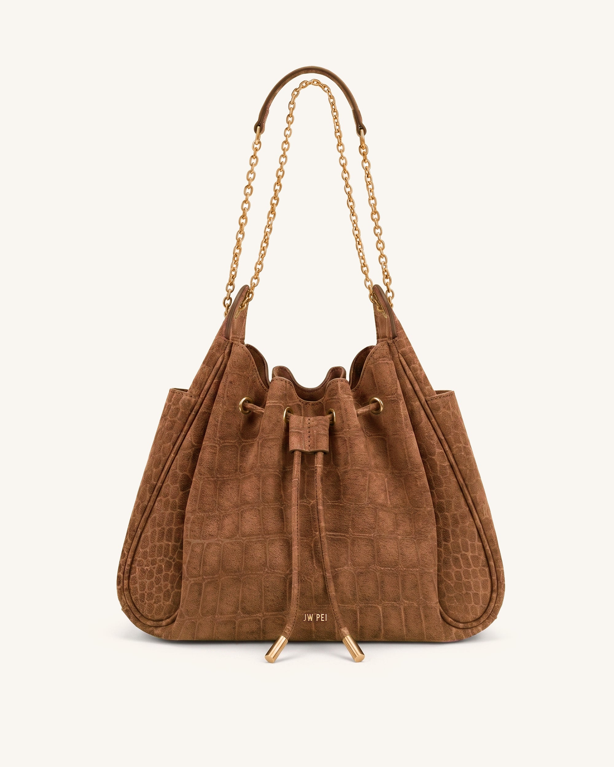 Rowan Faux Suede Drawstring Chain Bucket Bag - Terracotta Brown Croc