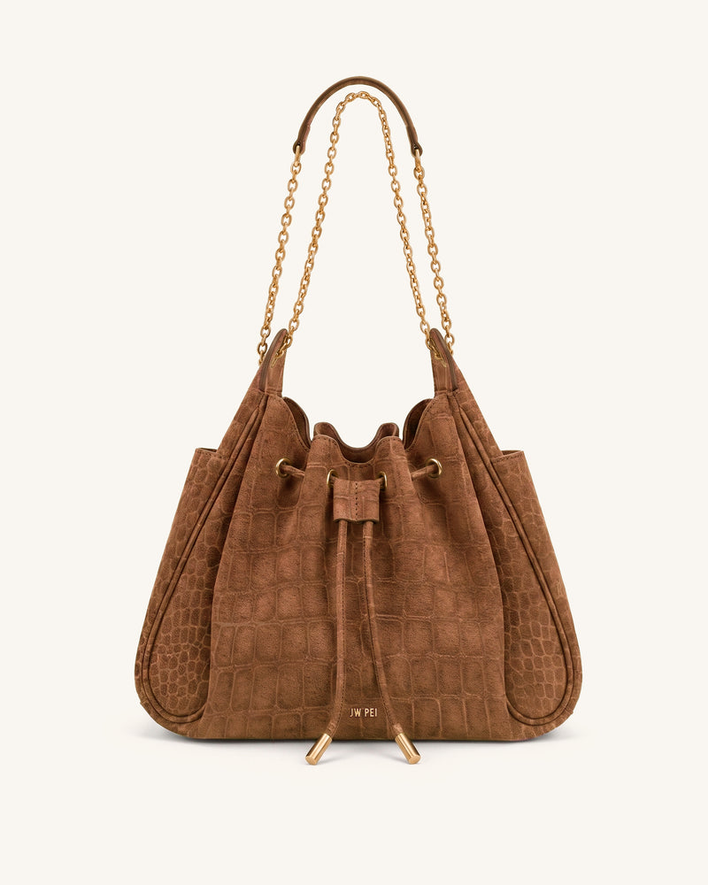 Rowan Faux Suede Drawstring Chain Bucket Bag - Terracotta Brown Croc