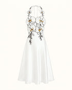 3D Floral Halter Satin Midi Dress - White