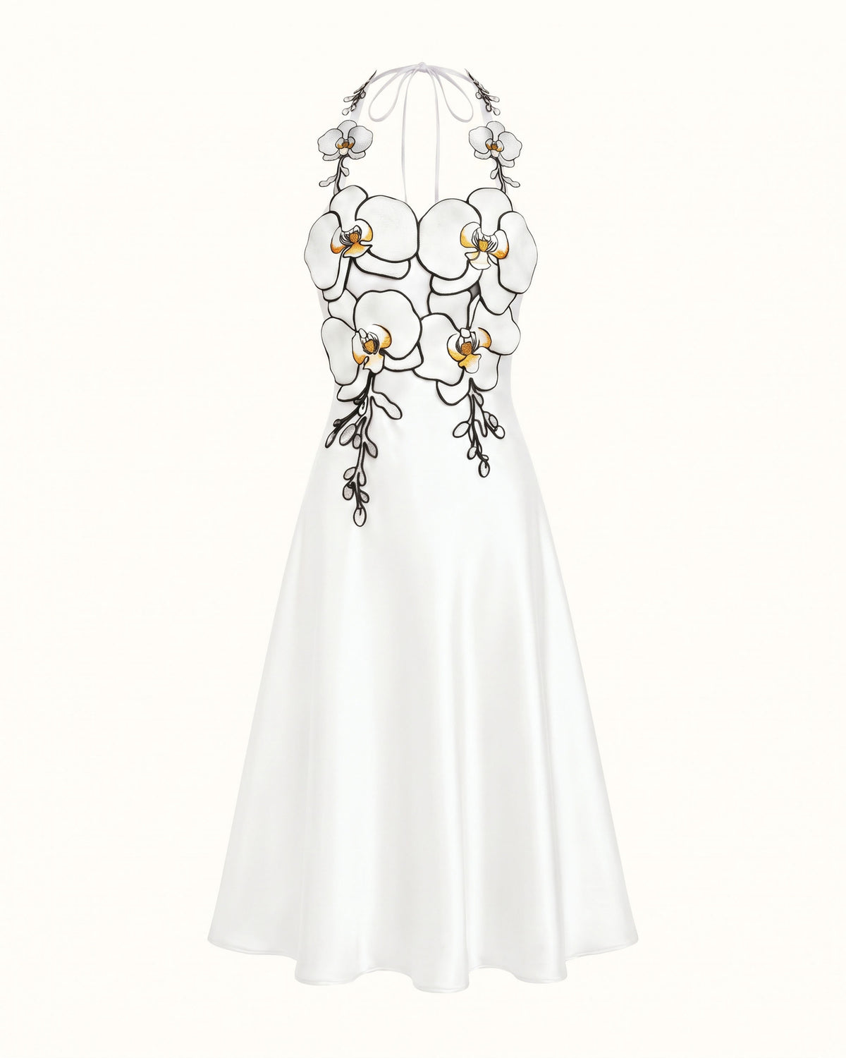 3D Floral Halter Satin Midi Dress - White