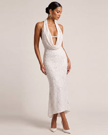 Orchid Beaded Embroidered High-Low Cowl Halter Dress - White