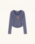 Rhinestone Rose Scoop Neck Curved Cropped Tee - Smokey Slate