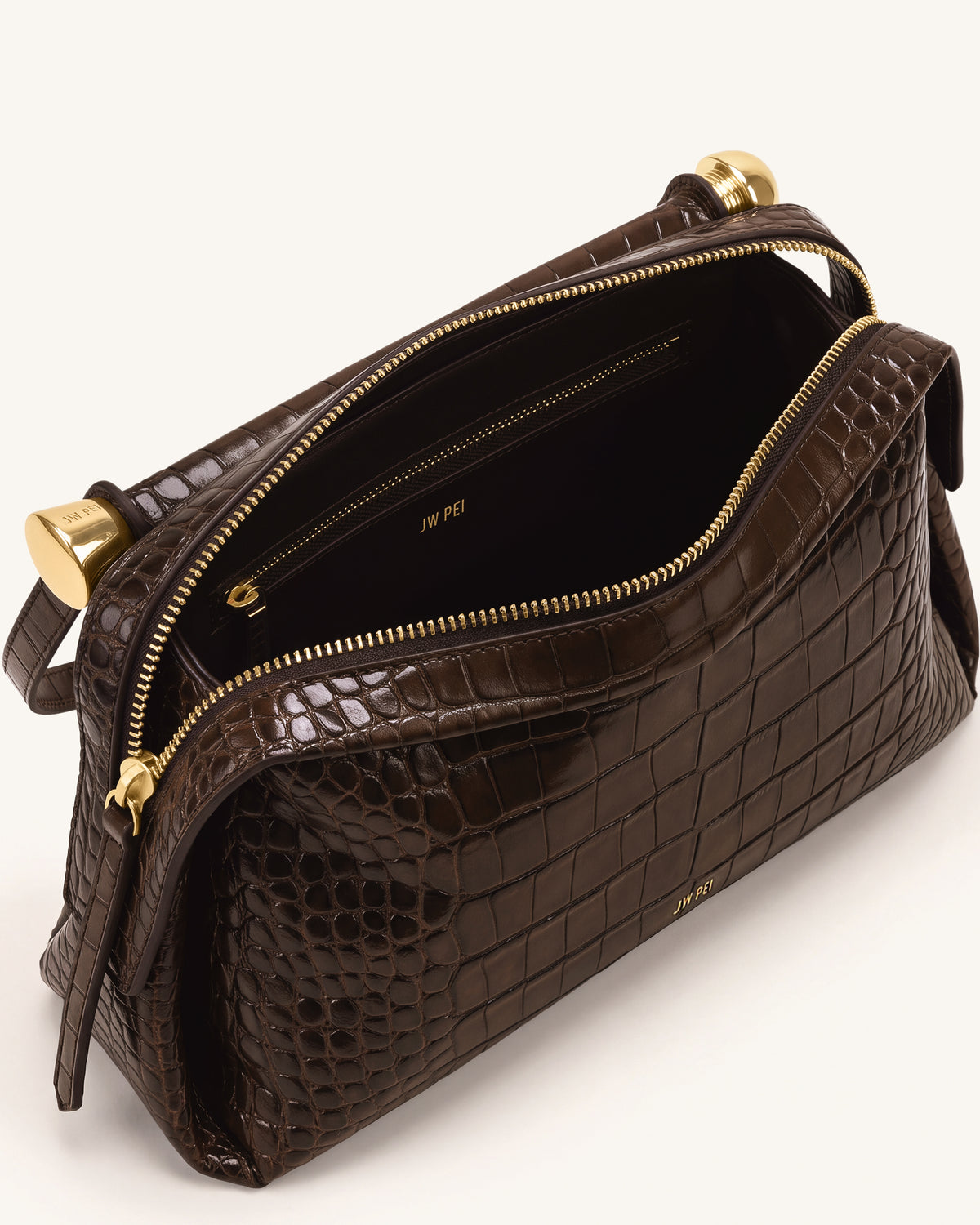 Naomi Double-Zip Shoulder Bag - Brown Croc
