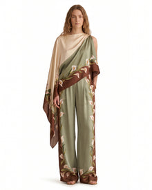 Calla Lily Printed Wide-Leg Satin Trousers - Sage Green