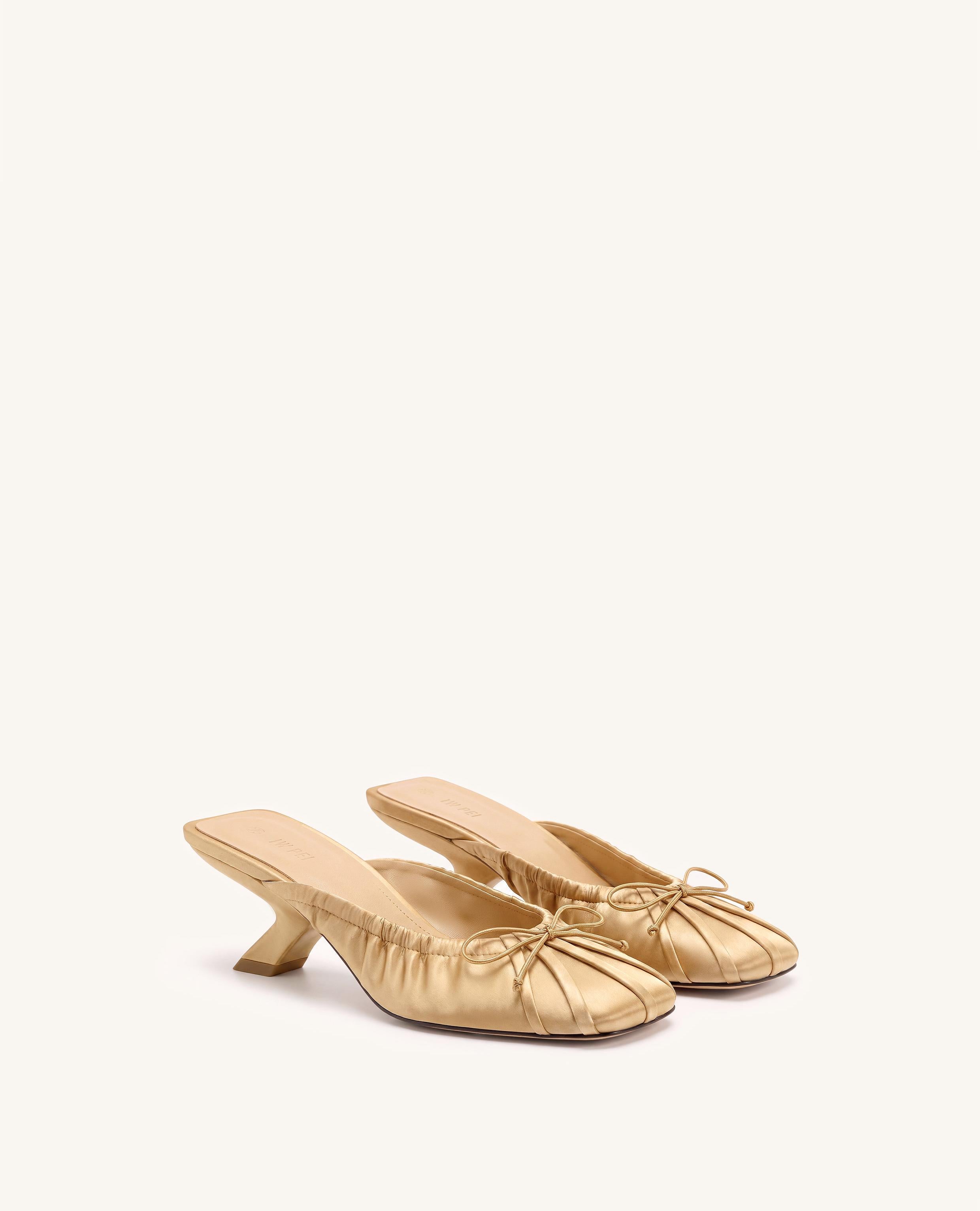 Solenne Satin Bow Ruched Mules - Champagne