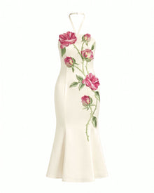 Rose Embroidered Halter-Neck Midi Dress - Off White