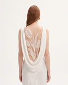 Tulip Appliqué Cowl-Back Satin Column Maxi Dress - Off-White