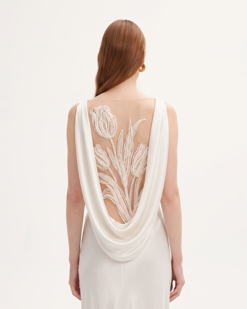 Tulip Appliqué Cowl-Back Satin Column Maxi Dress - Off-White