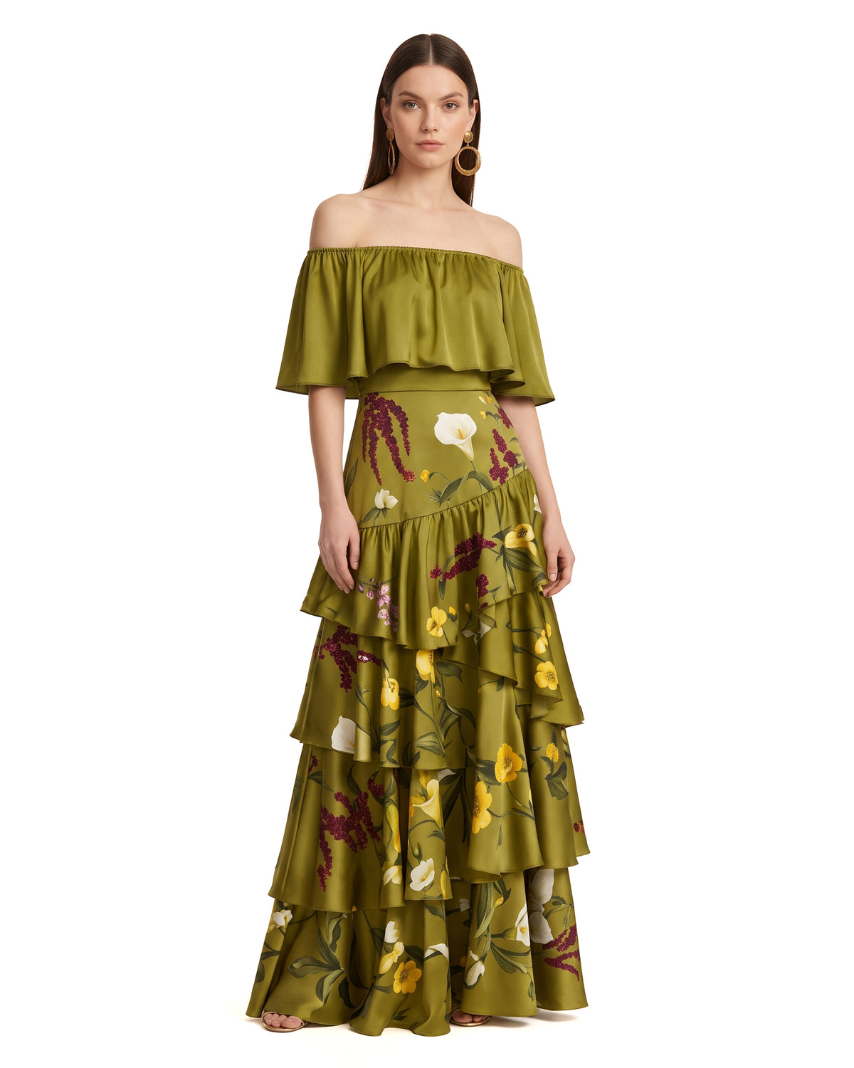 Off-Shoulder Ruffle Floral Tiered Gown - Olive Green