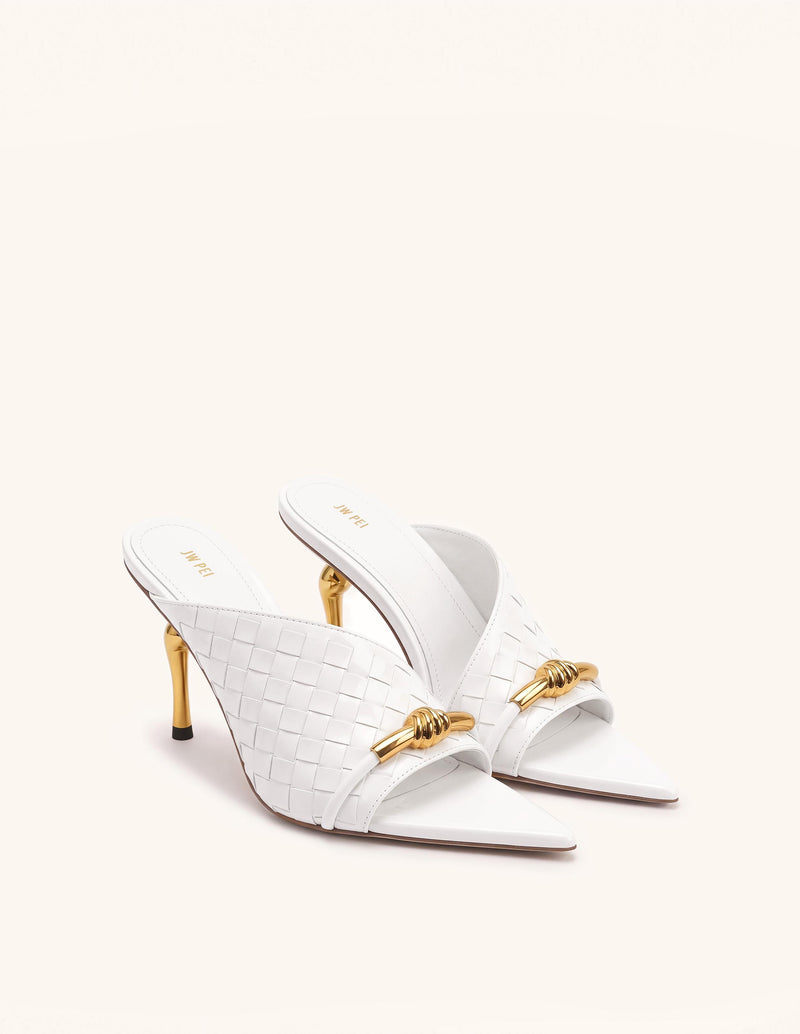 Lena Metal Rope Knot Woven Open Toe Mules - White