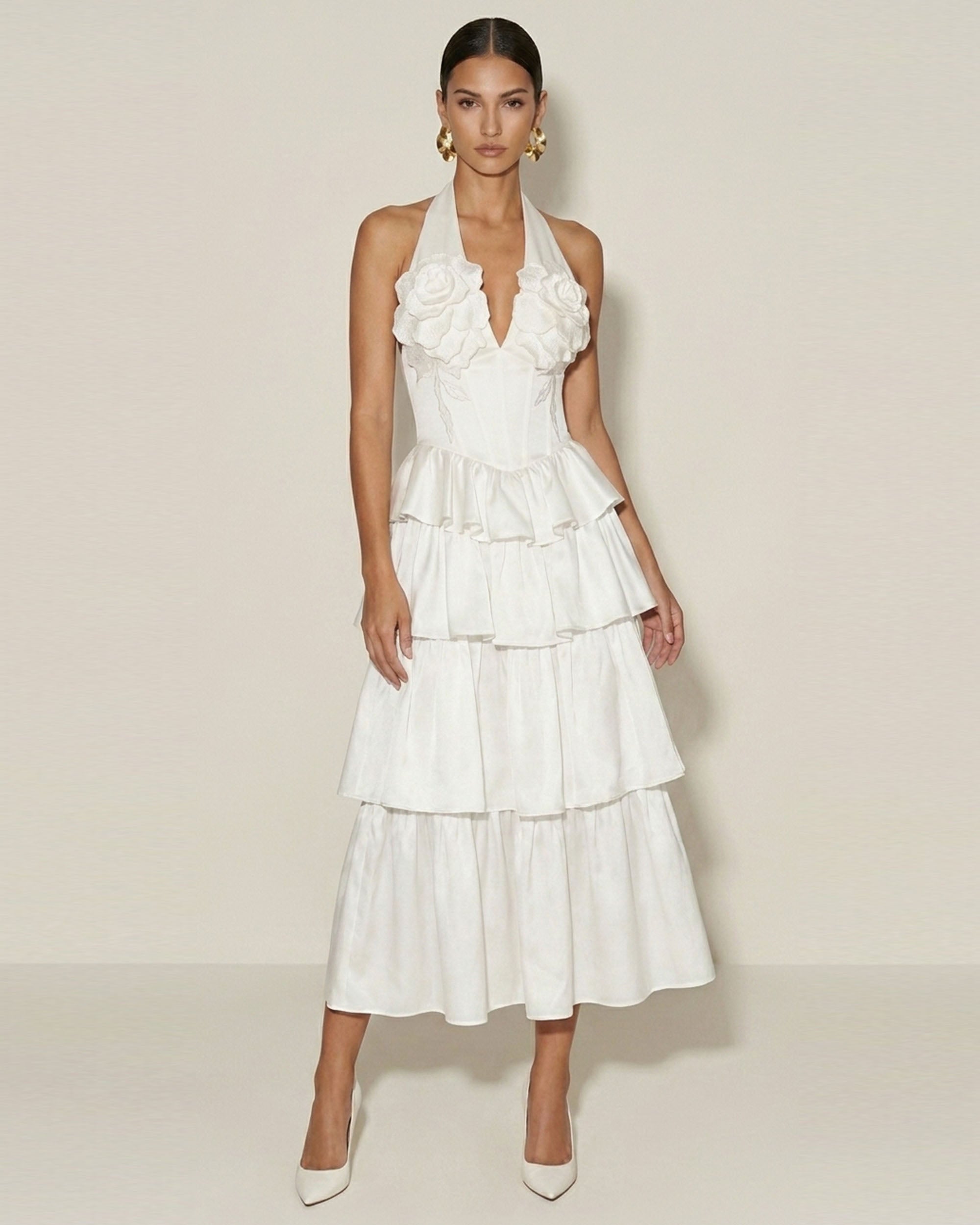 Flower Embroidered Tiered Halter Midi Dress - White