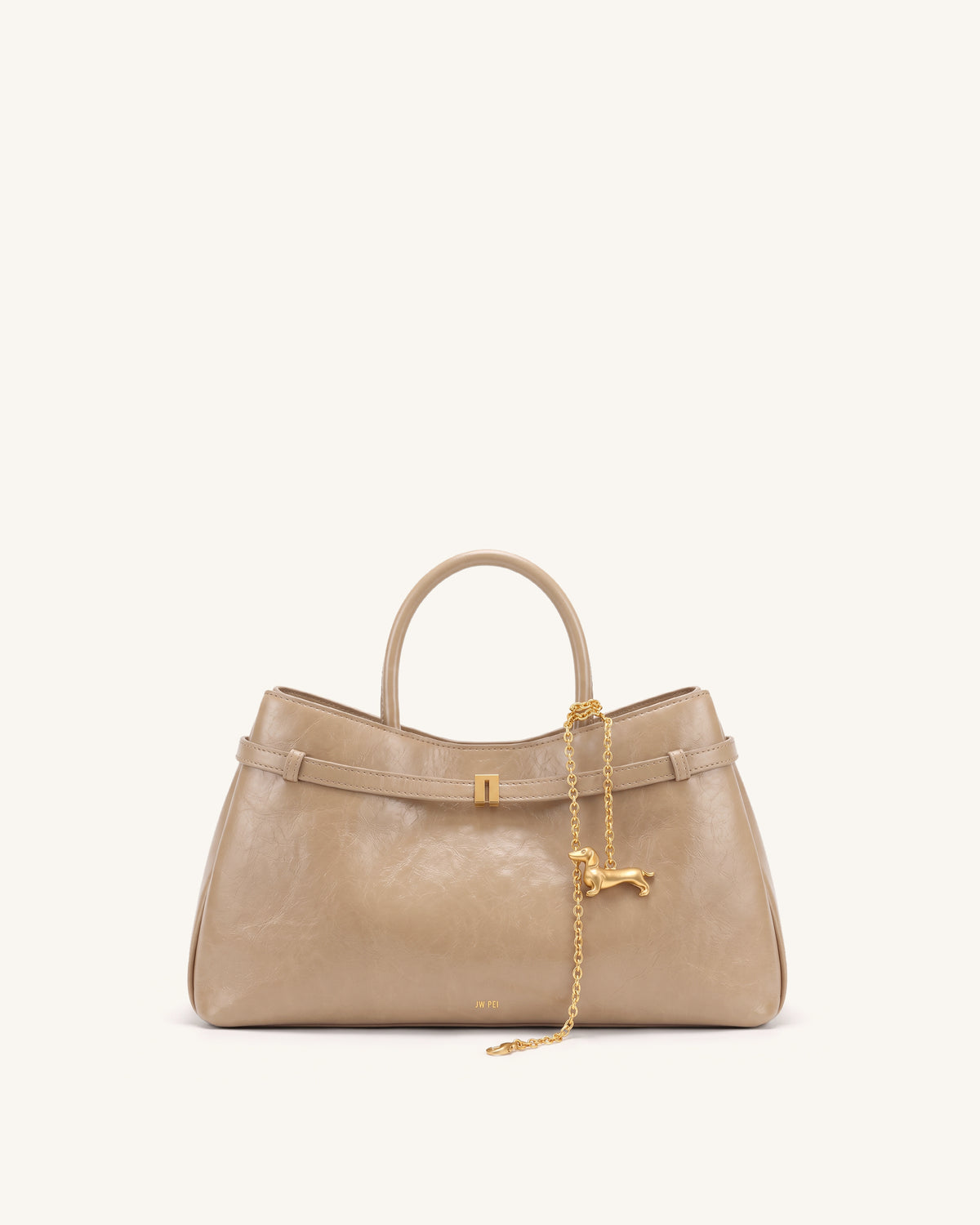 Maeve Dachshund Charm Satchel Tote Bag - Khaki