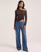 3D Embroidered Tulip Off-Shoulder Ruched Top - Brown
