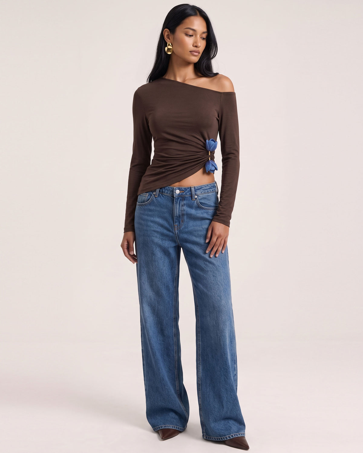 3D Embroidered Tulip Off-Shoulder Ruched Top - Brown