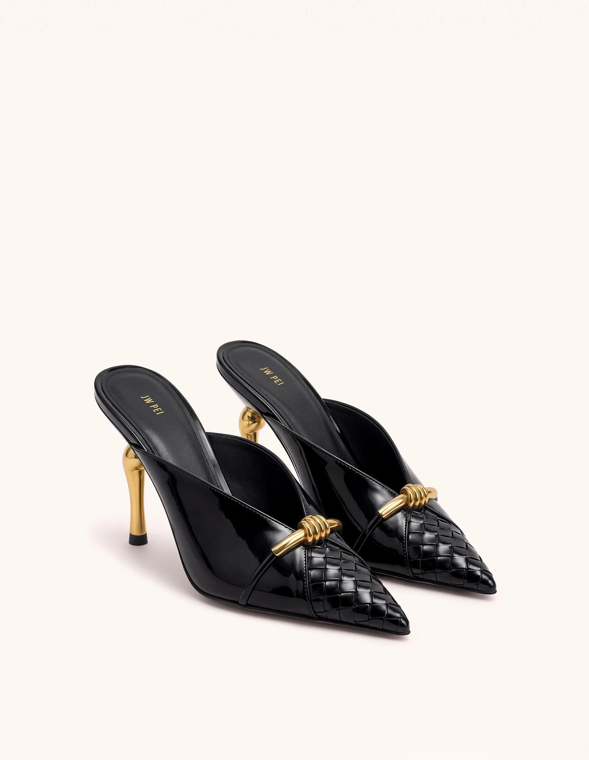 Lena Metal Rope Knot Woven Panel Mules - Black