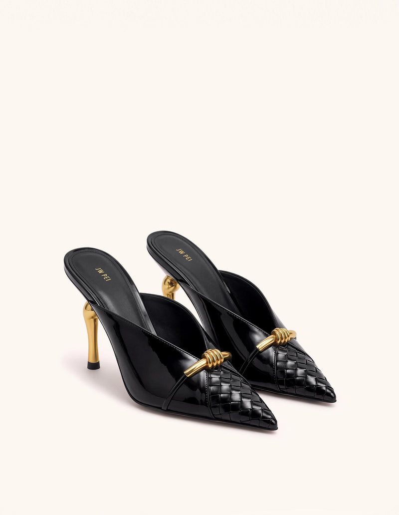 Lena Metal Rope Knot Woven Panel Mules - Black