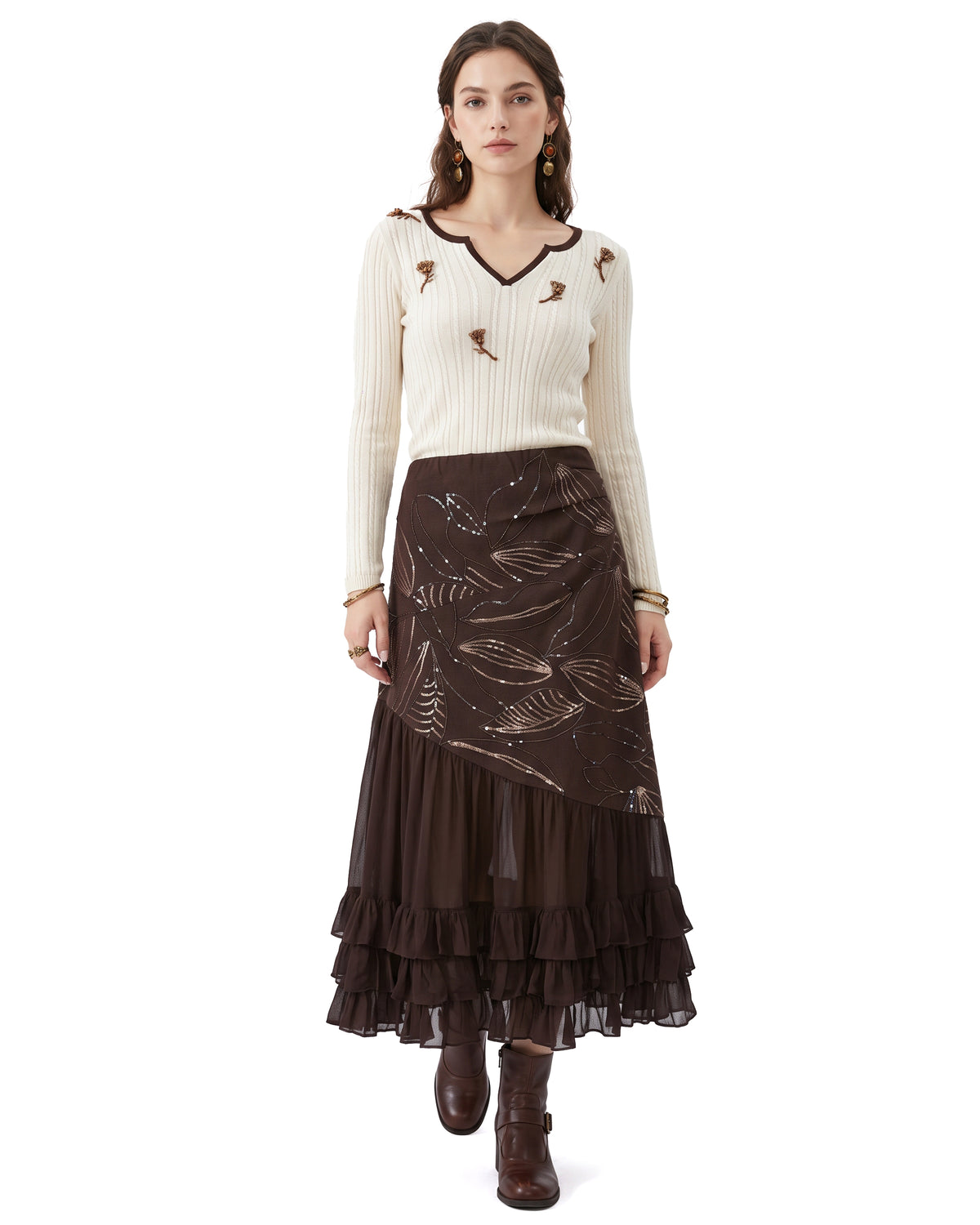 Asymmetric Ruffled Chiffon Boho Maxi Skirt - Deep Mocha