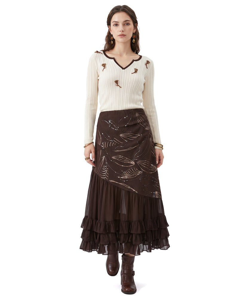 Asymmetric Ruffled Chiffon Boho Maxi Skirt - Deep Mocha