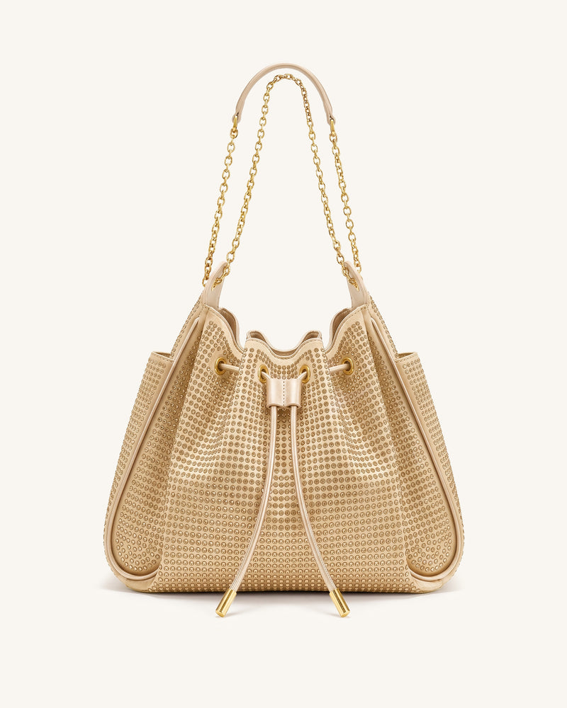 Rowan Artificial Crystal Ruched Drawstring Chain Bucket Bag - Champagne Gold
