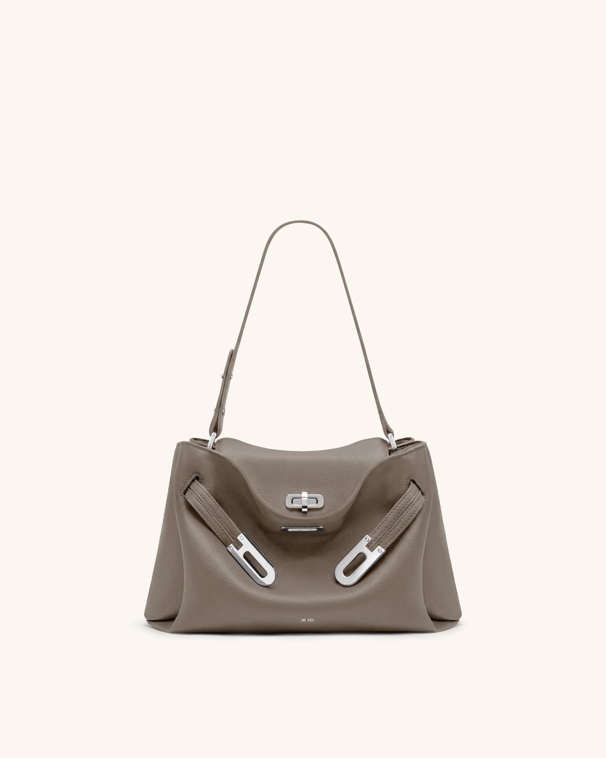 Rhea Pebbled Double Buckle Shoulder Bag - Khaki Gray