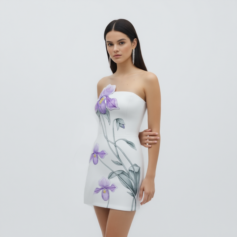 Slipper Orchid Appliqué Mini Dress - White