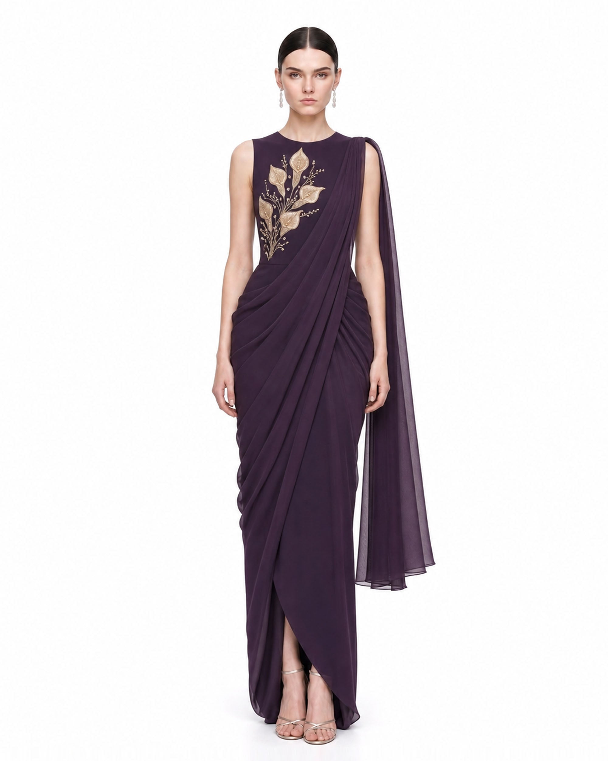 Botanical Embellished Draped Cape Maxi Dress - Dark Purple