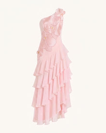 Orchid Embroidered One Shoulder Ruffle Maxi Dress - Pink