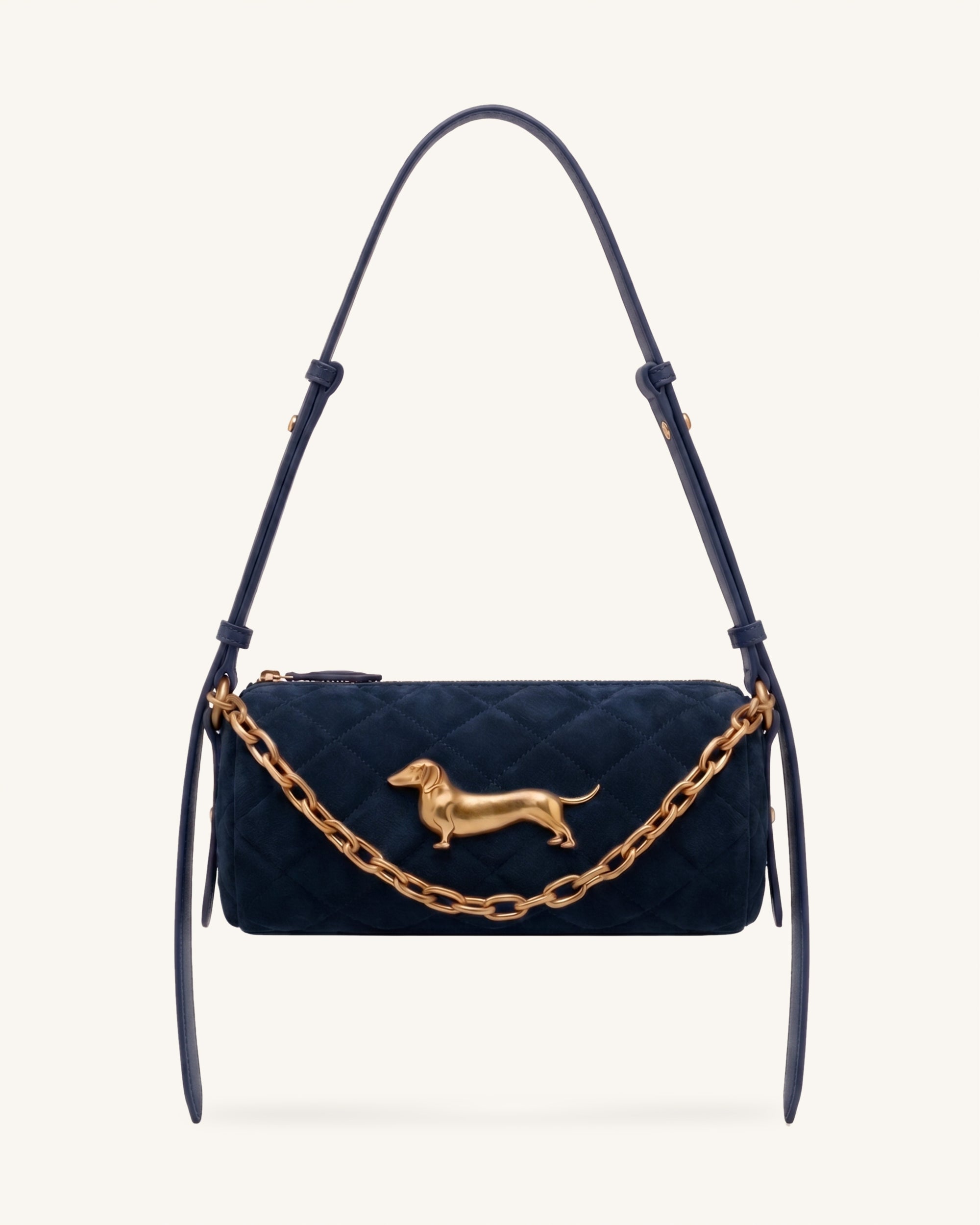 Lucienne Faux Suede Dachshund Quilted Chain Shoulder Bag - Dark Blue
