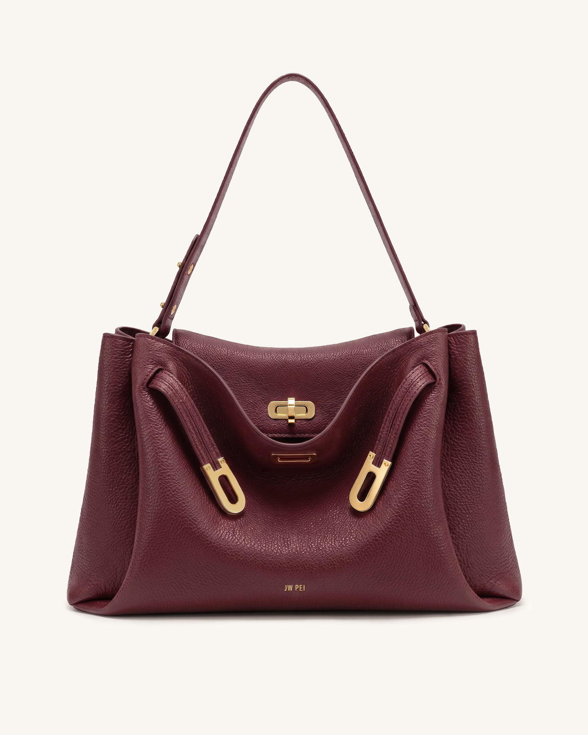 Rhea Large Pebbled Double Buckle Shoulder Bag - Claret