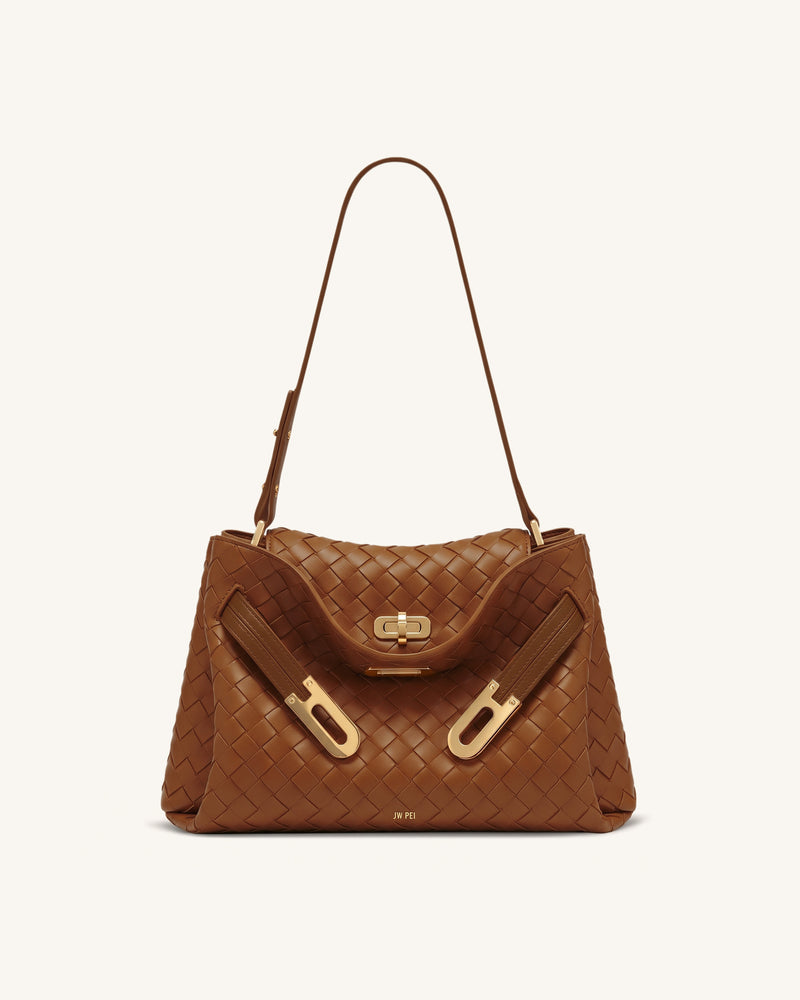 Rhea Woven Texture Double Buckle Shoulder Bag - Whisky Brown
