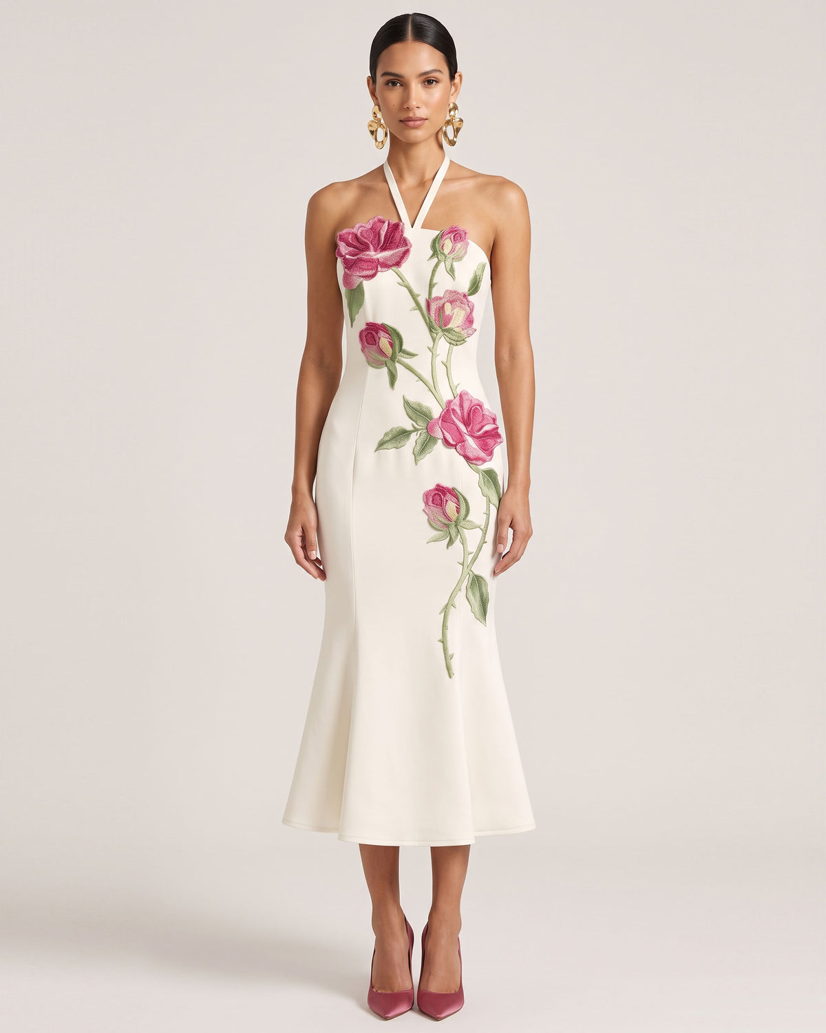 Rose Embroidered Halter-Neck Midi Dress - Off White