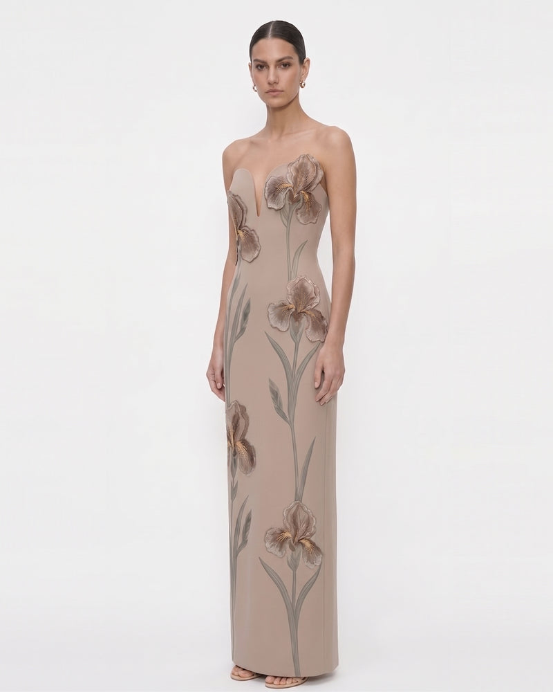 Iris Embroidered 
Notch Neck Strapless
 Maxi Dress - Taupe