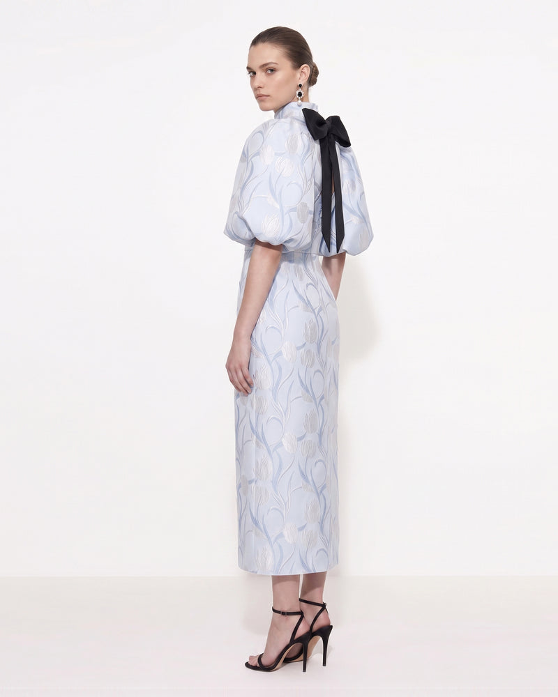 Floral Jacquard Bow-Back Puff-Sleeve Midi Dress - Light Blue