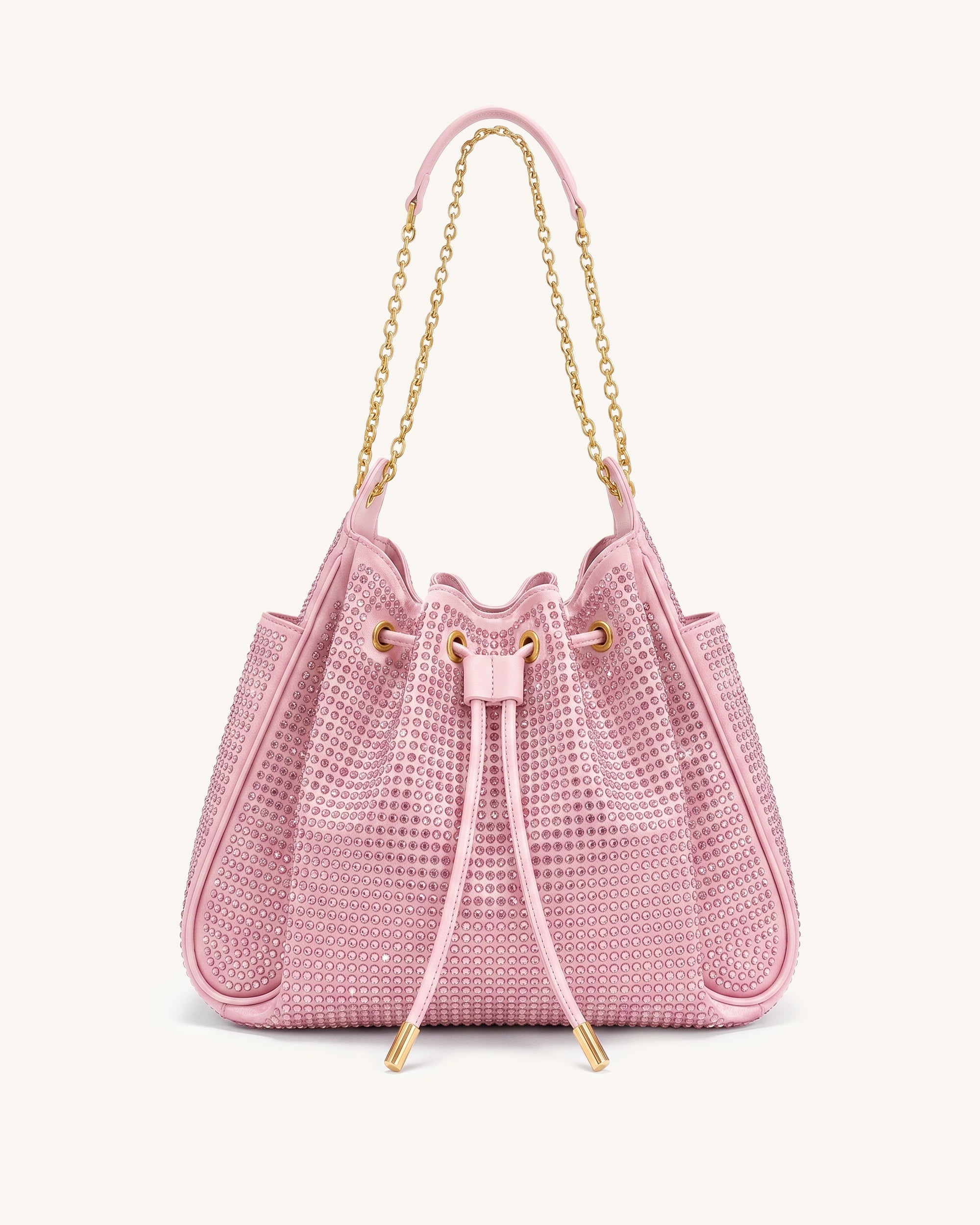 Rowan Artificial Crystal Ruched Drawstring Chain Bucket Bag - Light Pink