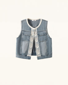 Bohemian Lace Trimmed Denim Vest - Light Wash