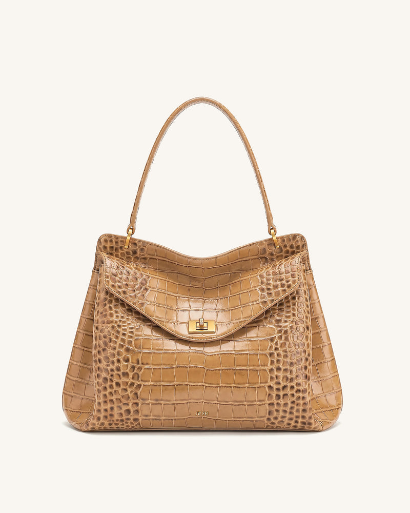 Lucia Turn-Lock Shoulder Bag - Light Brown Croc