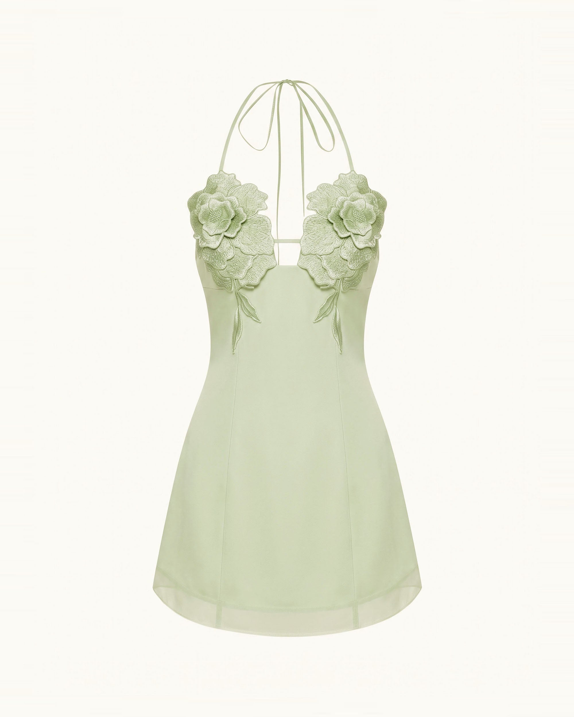 Flower Embroidered Mini Dress - Pistachio Green