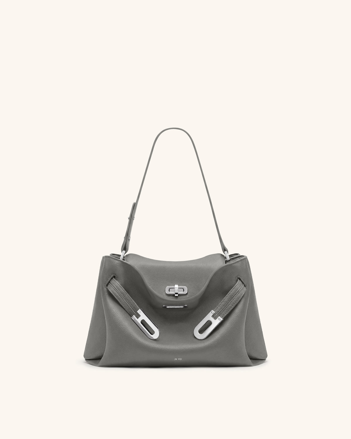 Rhea Pebbled Double Buckle Shoulder Bag - Cool Grey