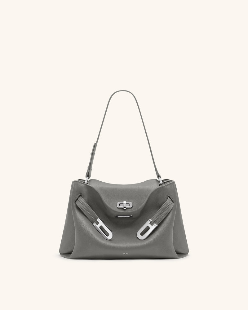 Rhea Pebbled Double Buckle Shoulder Bag - Cool Grey