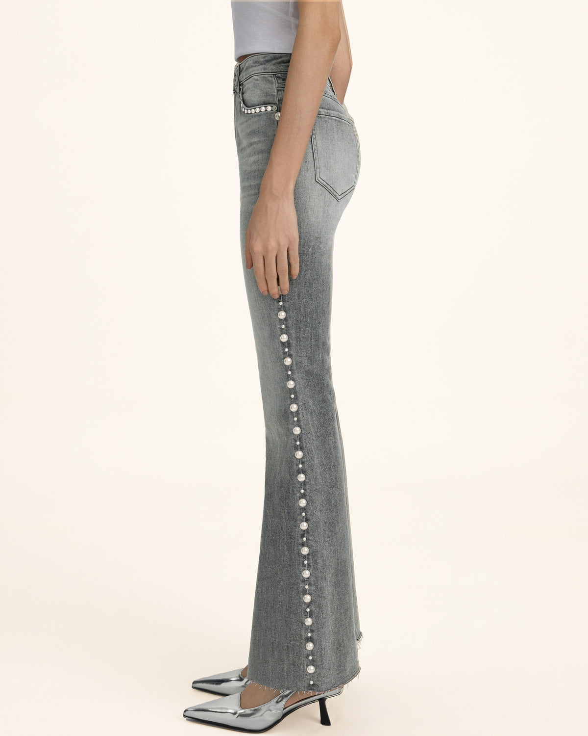 Pearl Trim Side Seam Flare Jeans - Smoke and Mirrors