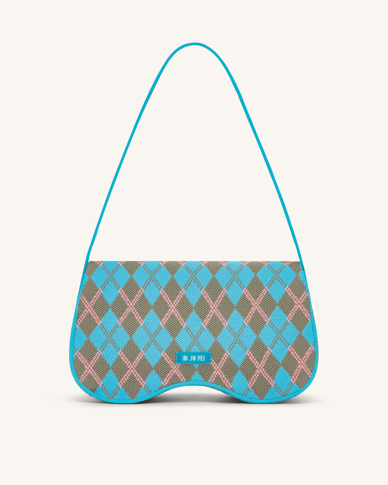 Becci Knitted Shoulder Bag - Lake Blue & Gray Green & Pink