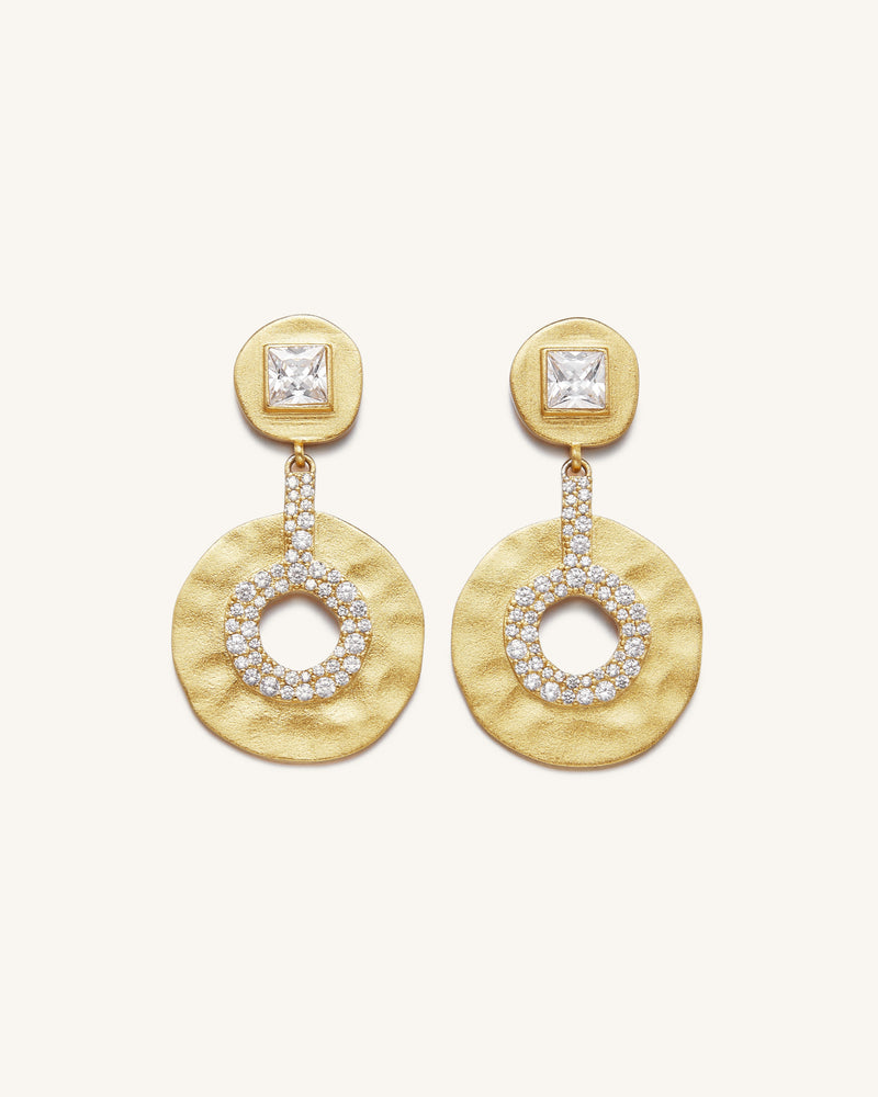 Geometrical Openwork Small Round Earrings - 18ct Gold Plated & White Zircon