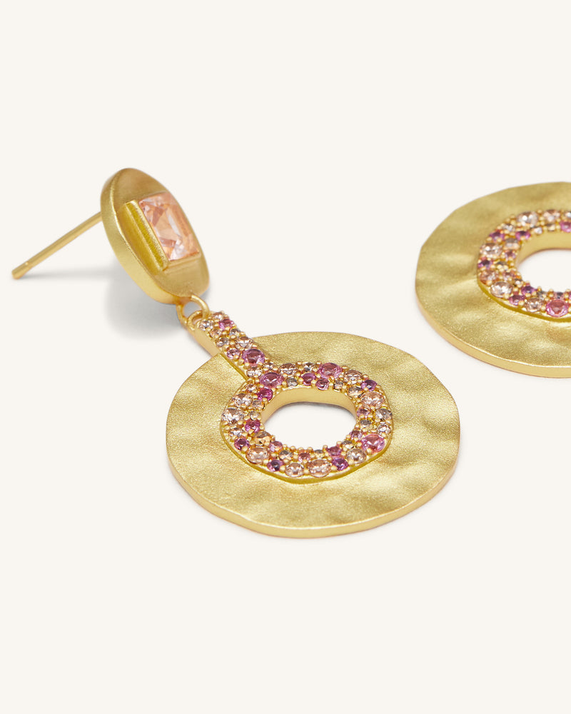 Geometrical Openwork Small Round Earrings - 18ct Gold Plated & Morganite & Red Corundum & Multicolor Zircon