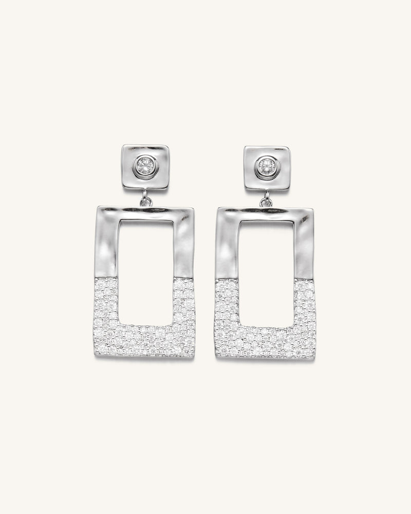 Geometrical Openwork Rectangle Earrings - 18ct White Gold Plated & White Zircon
