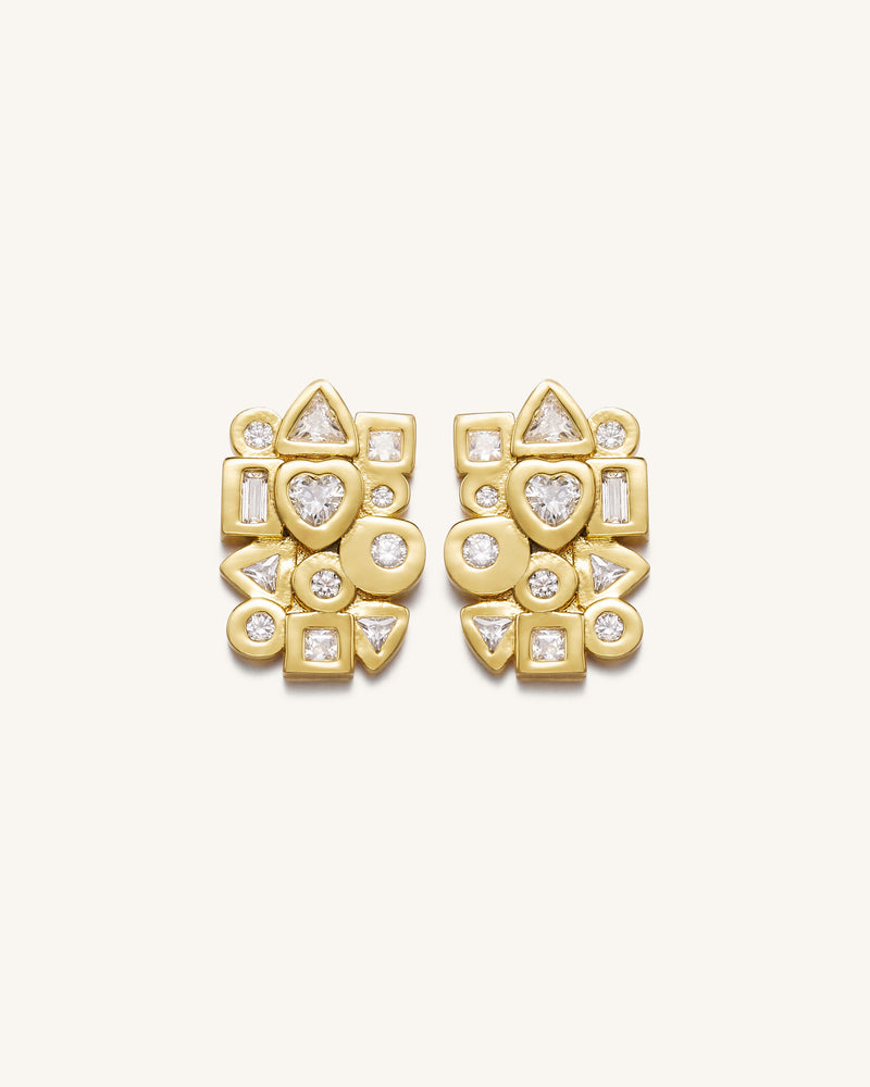 Geometrical Combination Earrings - 18ct Gold Plated & White Zircon