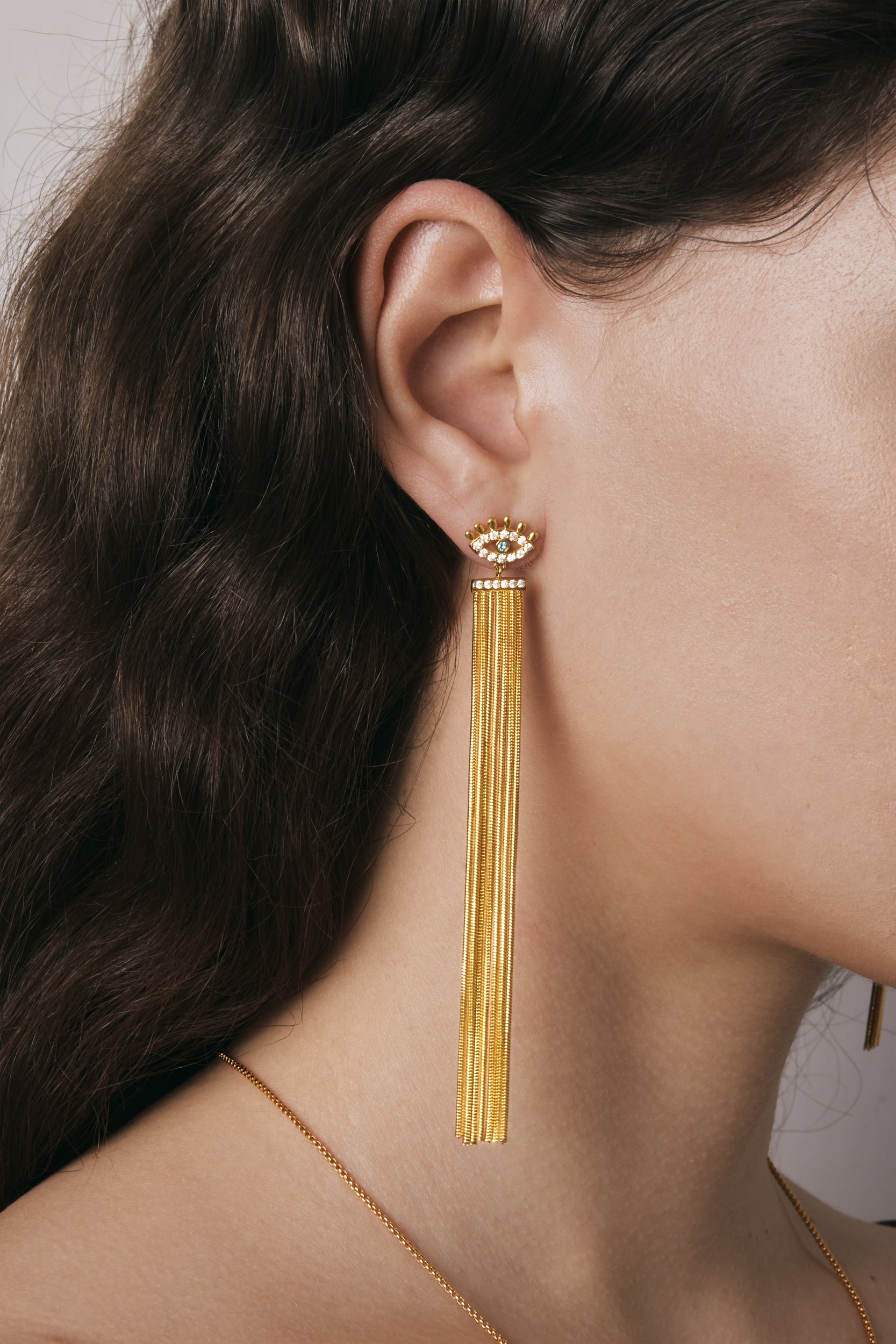 Magic Eye Tassel Earrings - 18ct Gold Plated & White Zircon & Sea Blue Zircon